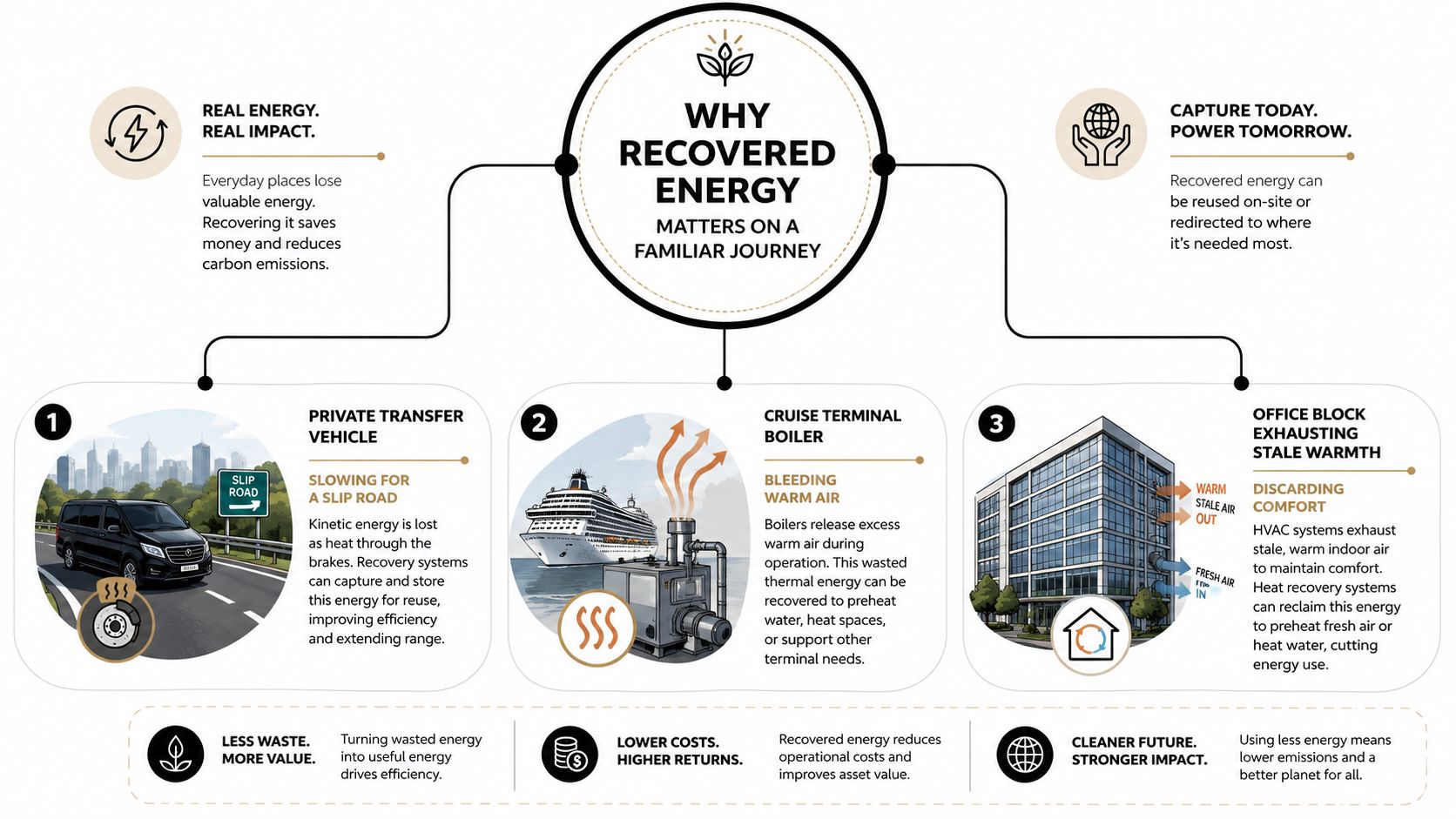 An infographic illustrating how recovered energy improves efficiency in vehicles, cruise terminals, and office buildings.