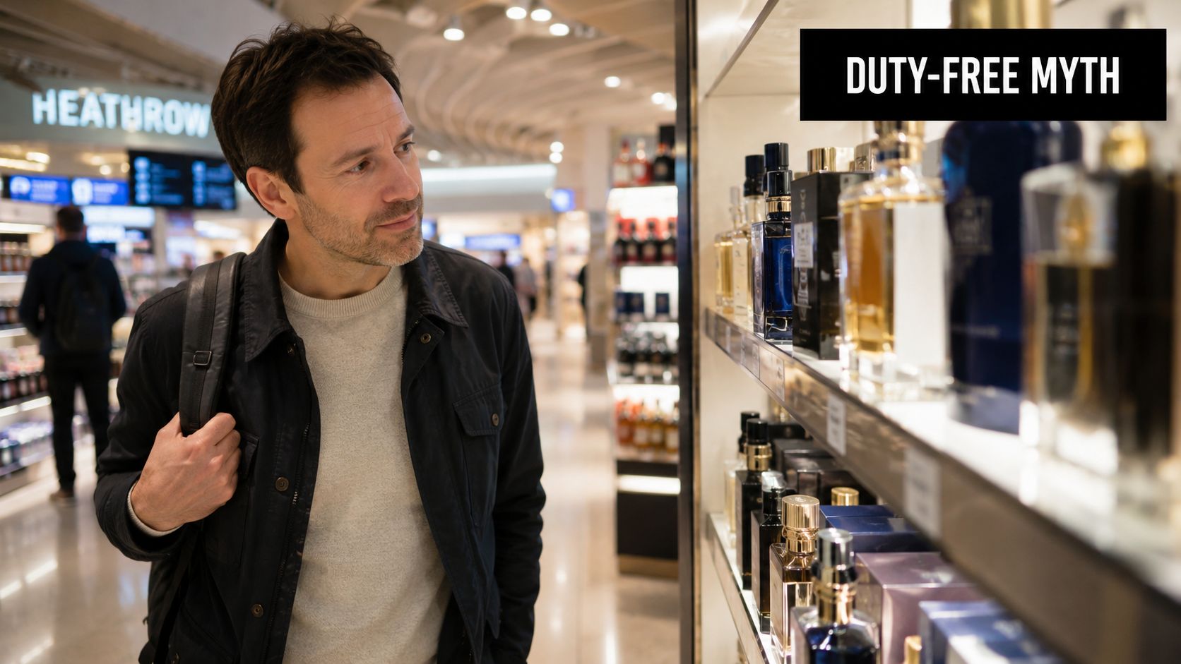 A man examines perfume bottles on a shelf at a duty-free shop in Heathrow Airport.