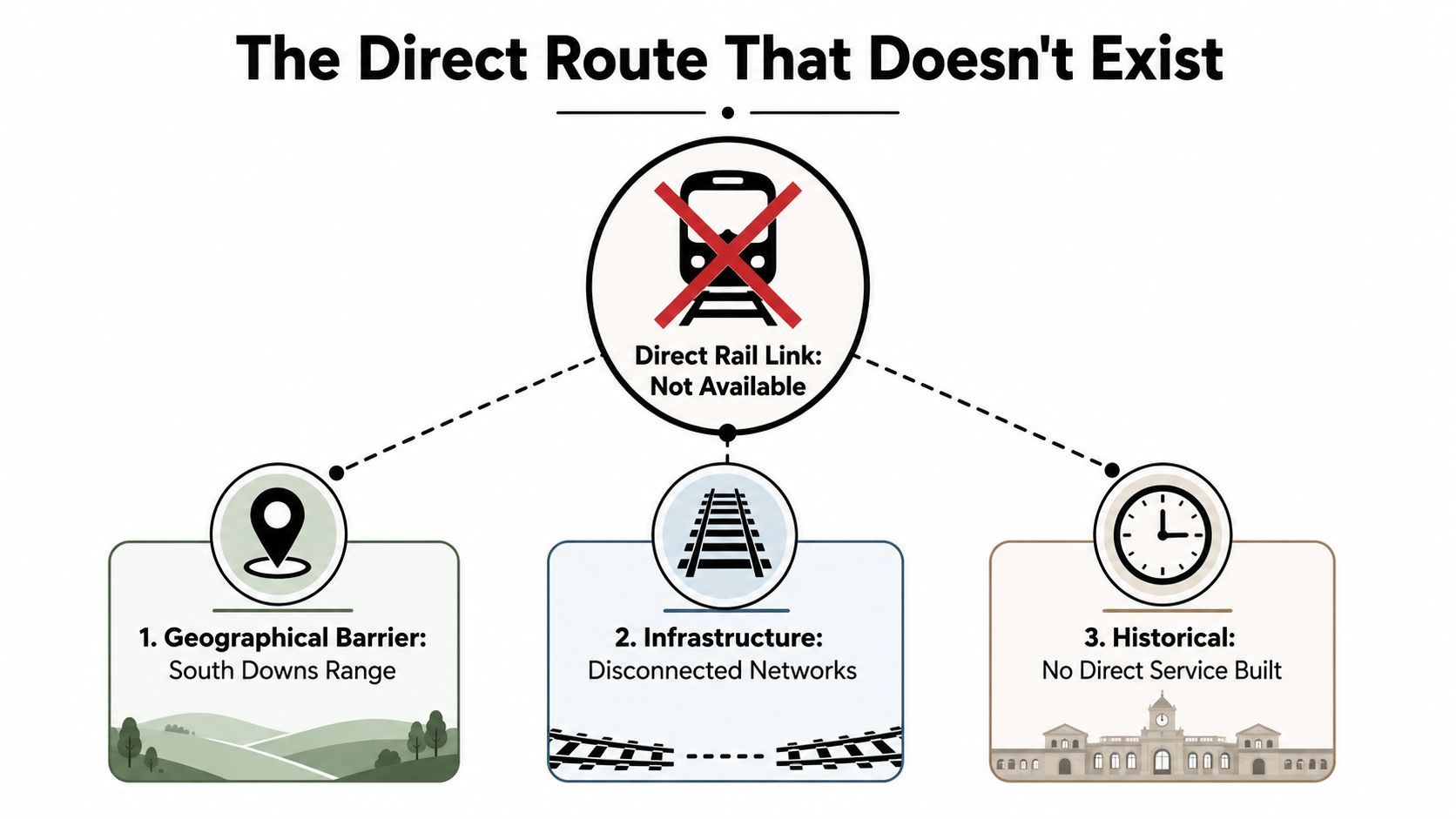 A diagram explaining three reasons why a direct rail link from Heathrow airport to Brighton does not exist.