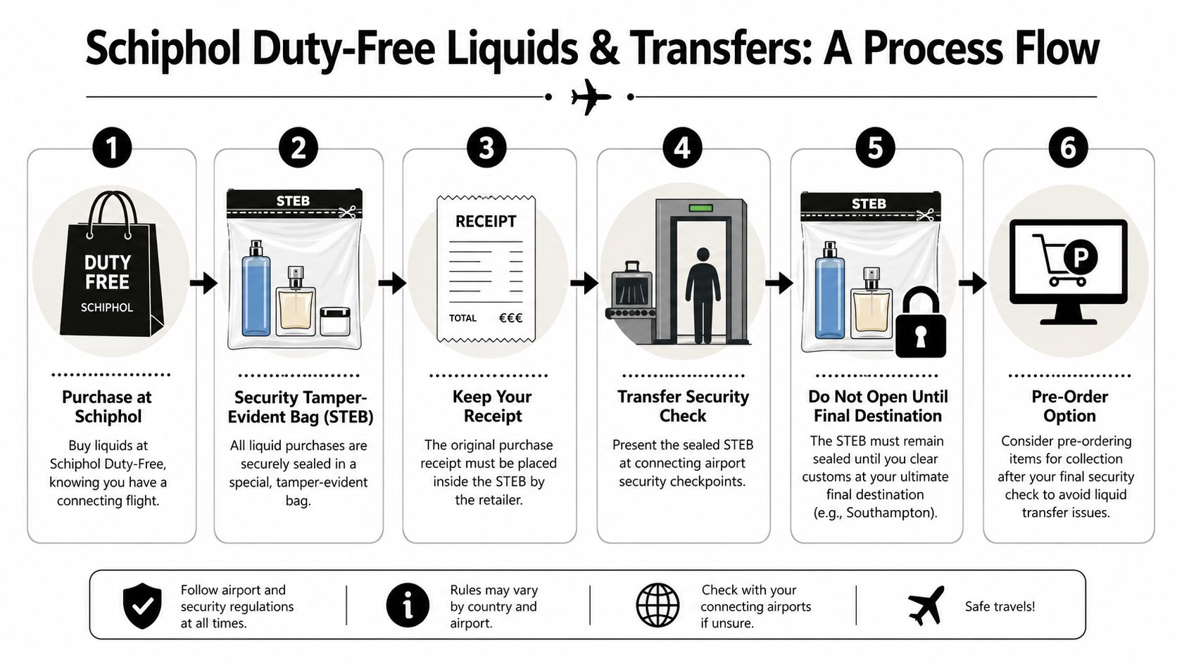 A six-step infographic showing the process for handling duty-free liquids and transfers at Schiphol Airport.