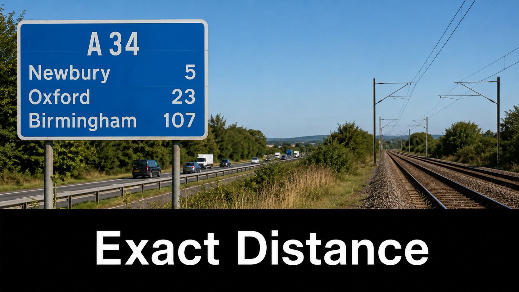 A blue road sign on the A34 showing distances in miles to Newbury, Oxford, and Birmingham.