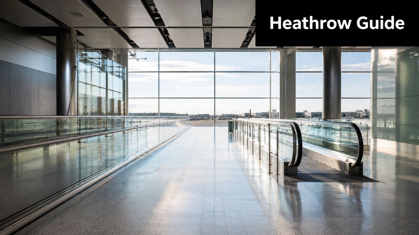 A modern and spacious corridor inside a London Heathrow Airport terminal with an empty moving walkway.