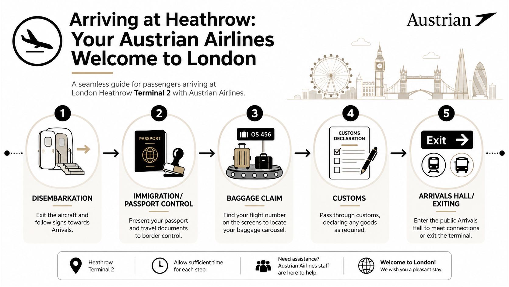 A step-by-step infographic guide for Austrian Airlines passengers arriving at London Heathrow Terminal 2.