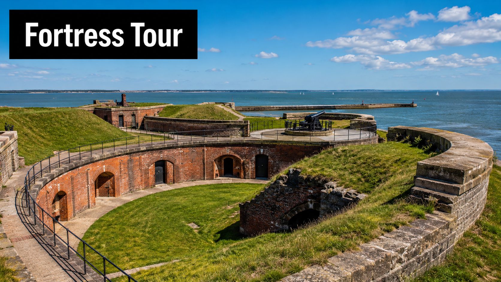 A historic red brick fortress with a large cannon overlooking the sea on a sunny day.