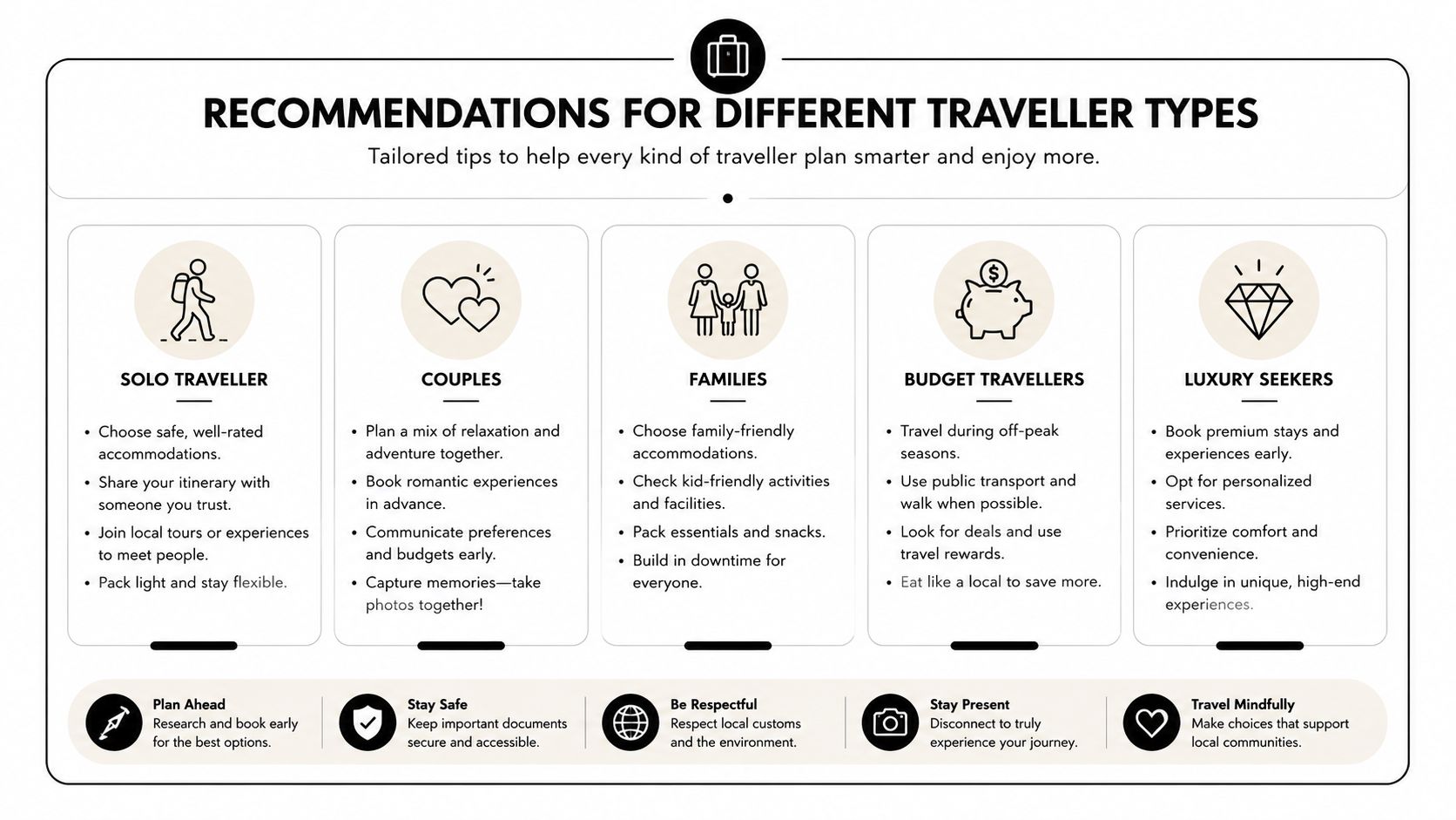 An infographic titled recommendations for different traveller types, listing practical travel tips for various groups of people.