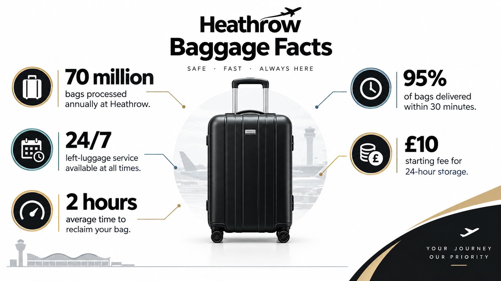 An infographic showing Heathrow airport baggage statistics, including processing numbers, delivery times, and luggage storage service details.