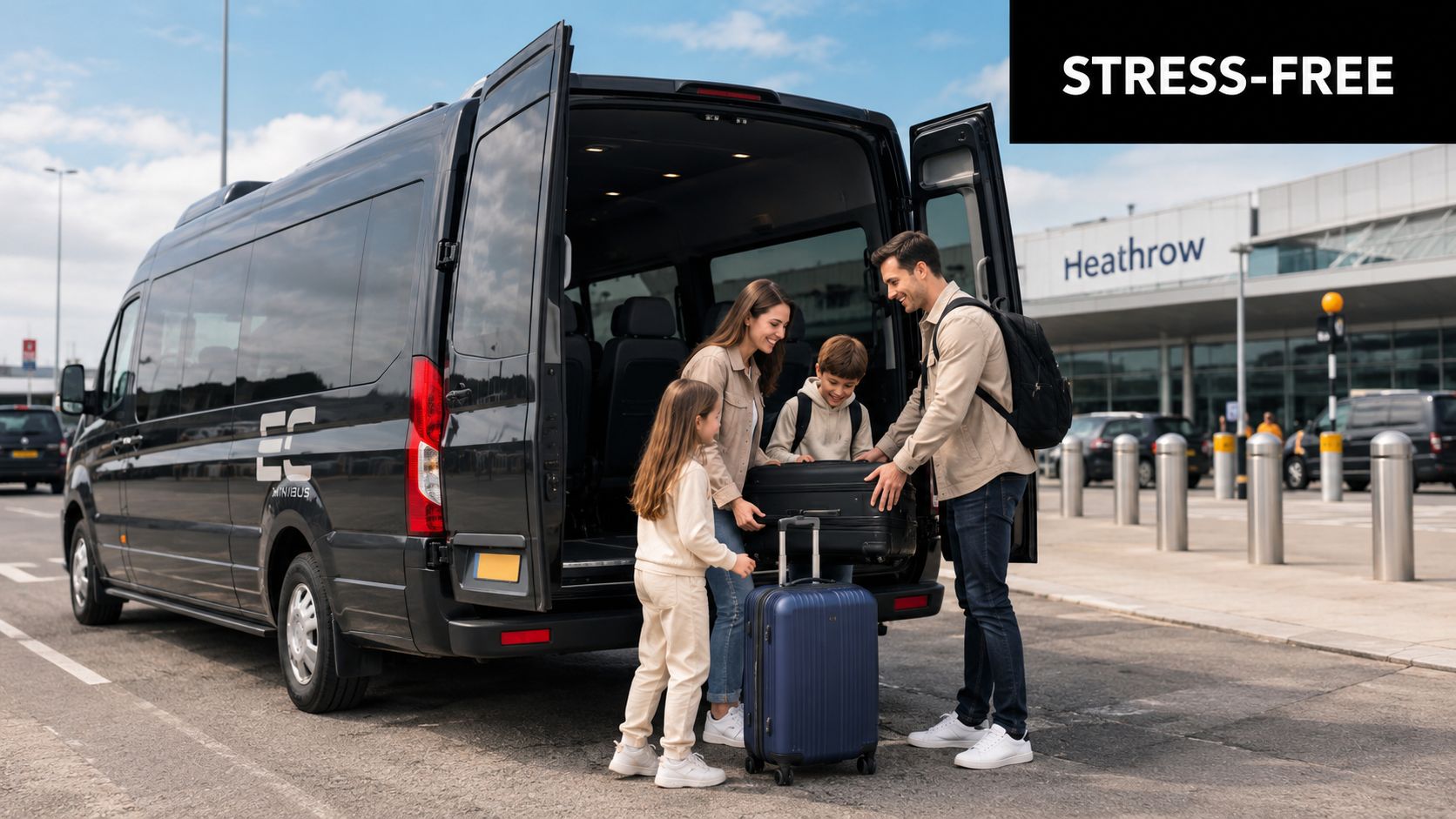 A family of four loading suitcases into an EC Minibus shuttle service outside Heathrow Airport terminal.