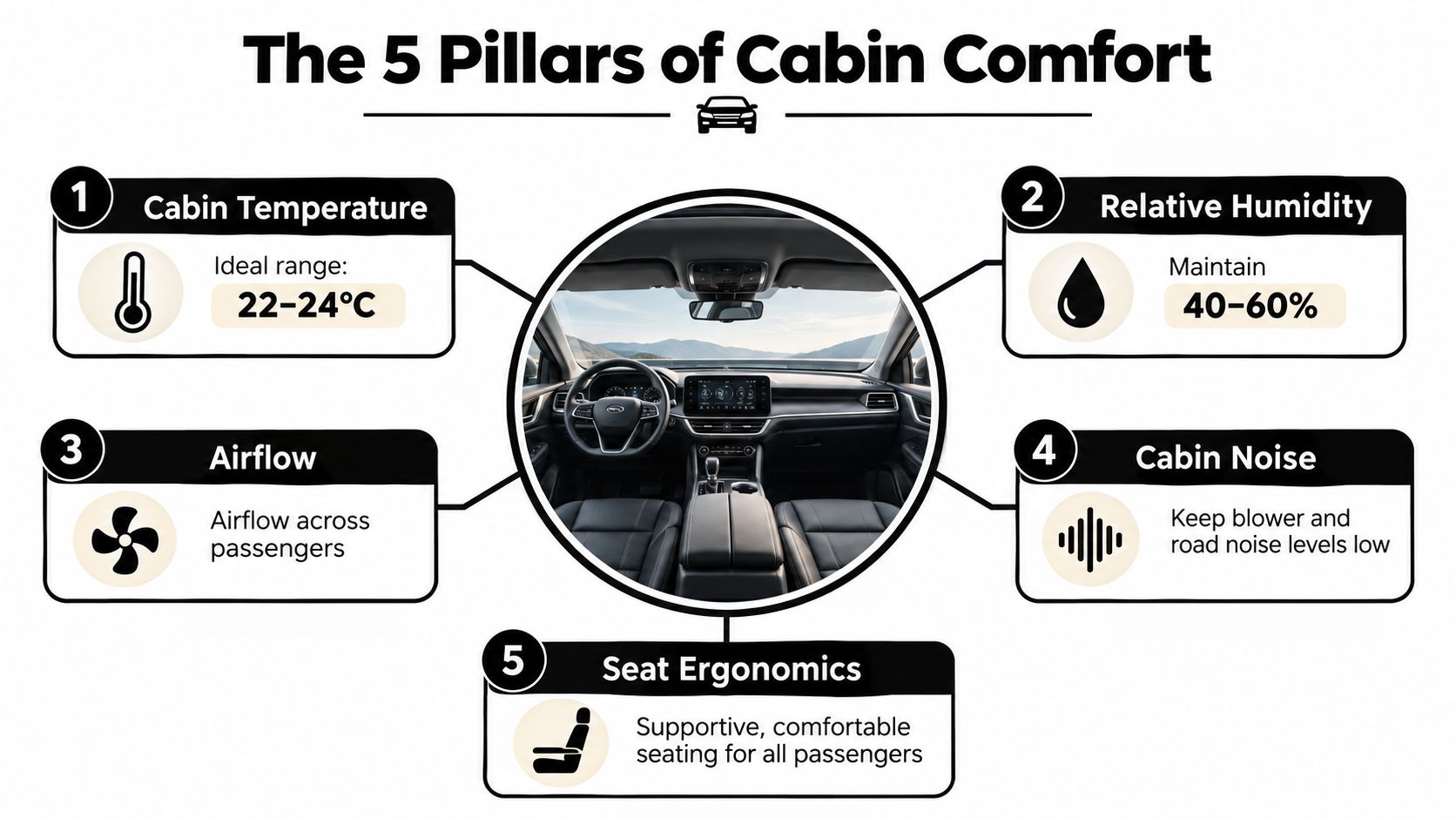 An infographic titled The 5 Pillars of Cabin Comfort, highlighting temperature, humidity, airflow, noise, and seat ergonomics.
