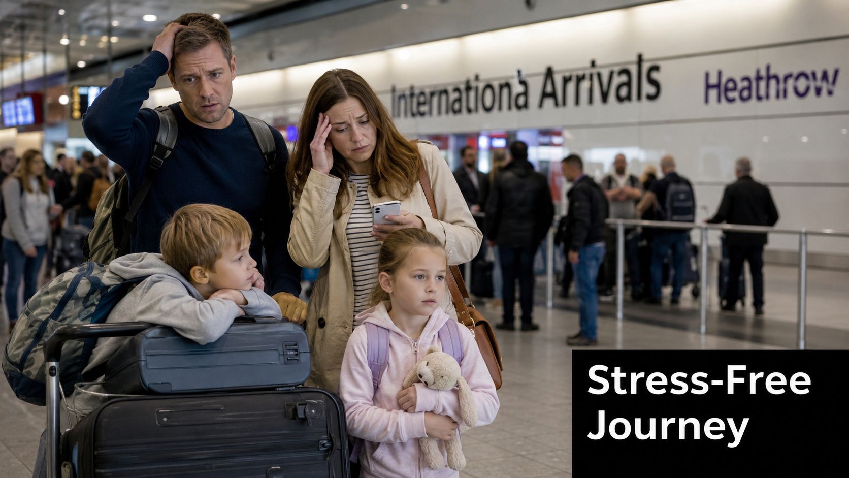 A stressed family standing in Heathrow airport arrivals hall with luggage while looking worried and overwhelmed.