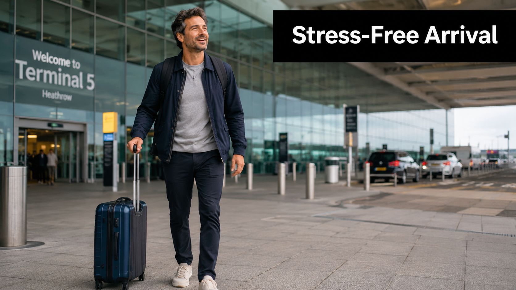 A smiling man with luggage walking confidently outside Heathrow Airport Terminal 5 for a stress-free arrival.