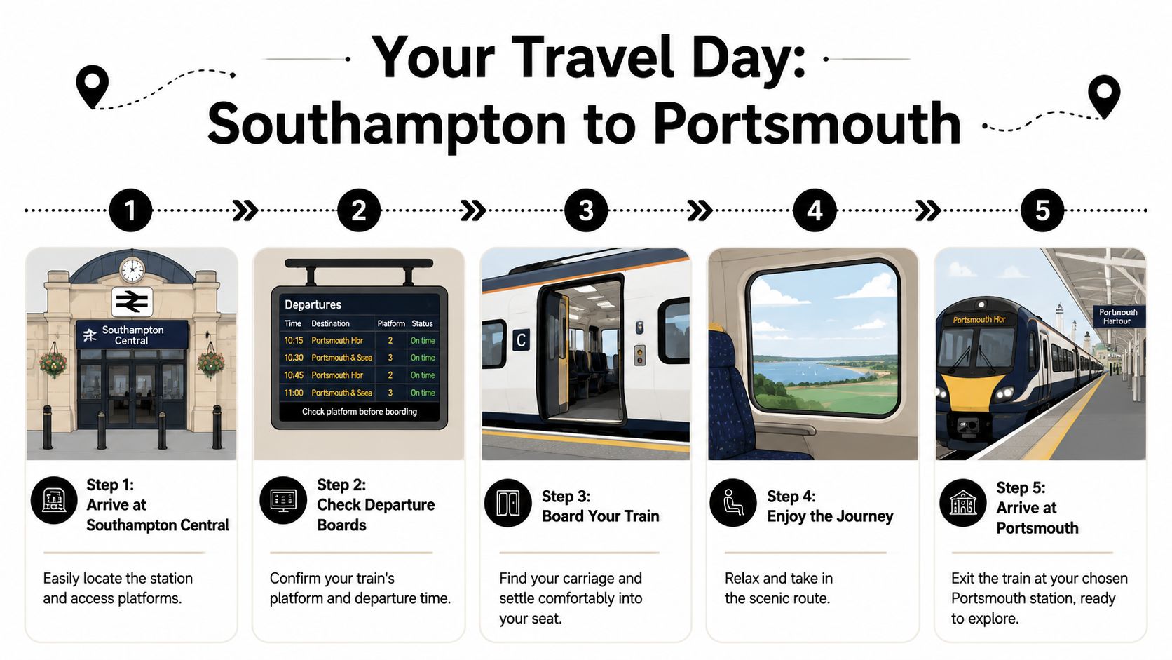 A five-step infographic showing the travel process from Southampton Central station to Portsmouth by train.