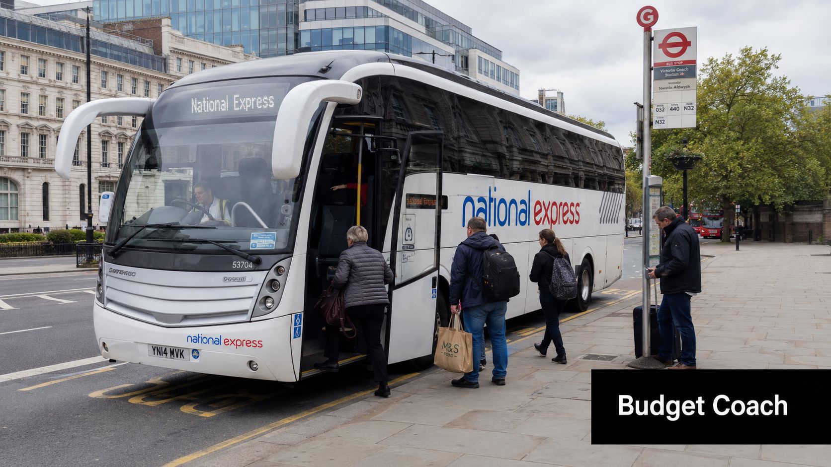Passengers boarding a National Express coach at a bus stop in London on a cloudy day.