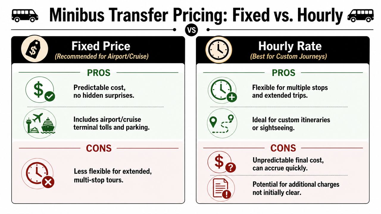 A comparison infographic showing the pros and cons of fixed price versus hourly rate for minibus transfers.