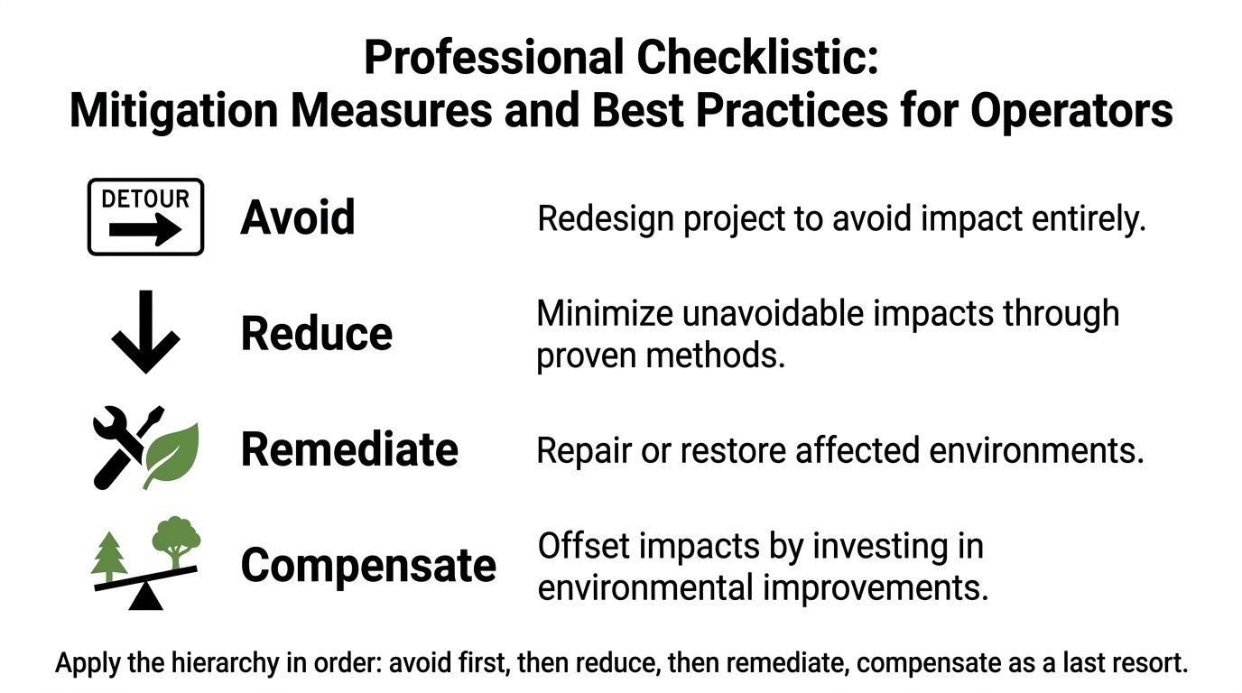 A professional checklist for operators outlining the environmental mitigation hierarchy: avoid, reduce, remediate, and compensate.
