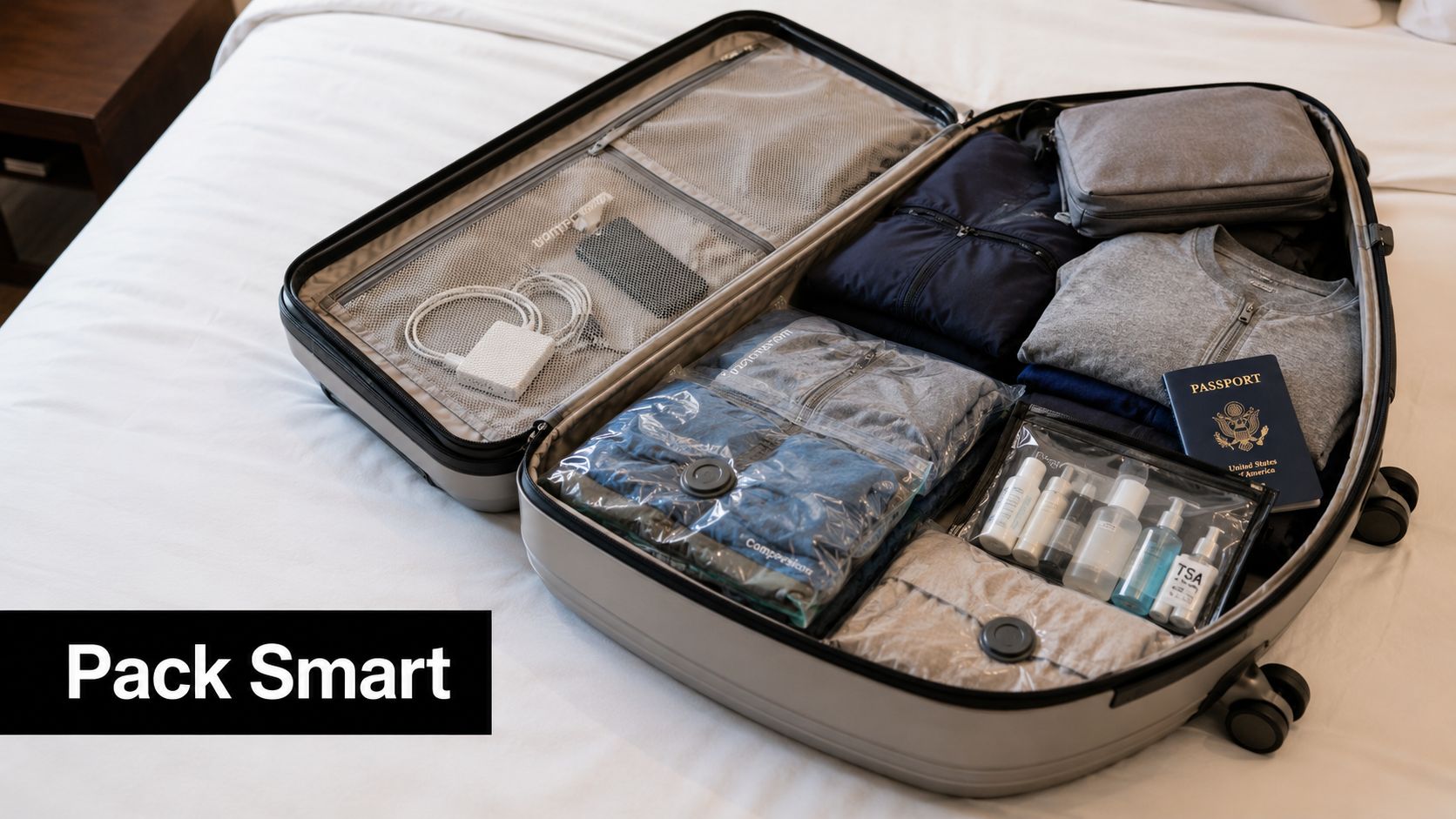 An open hardshell suitcase packed with organized travel essentials, including clothing in compression bags and toiletries.