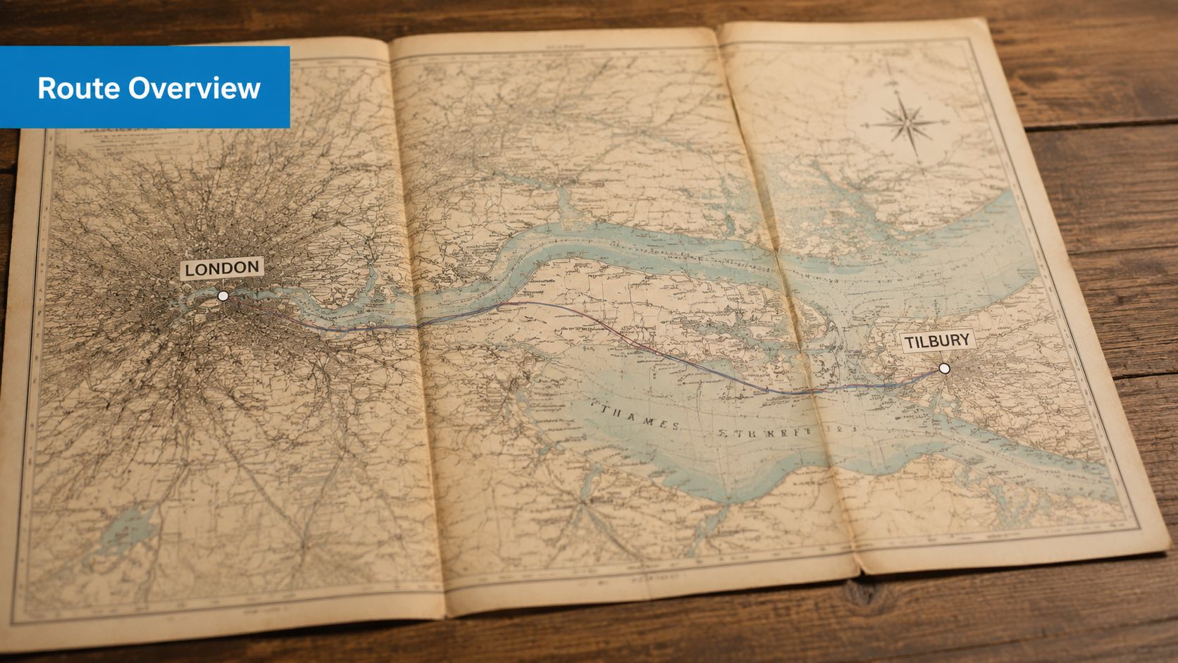 An antique map of London and Tilbury featuring a blue line marking the cruise terminal route.