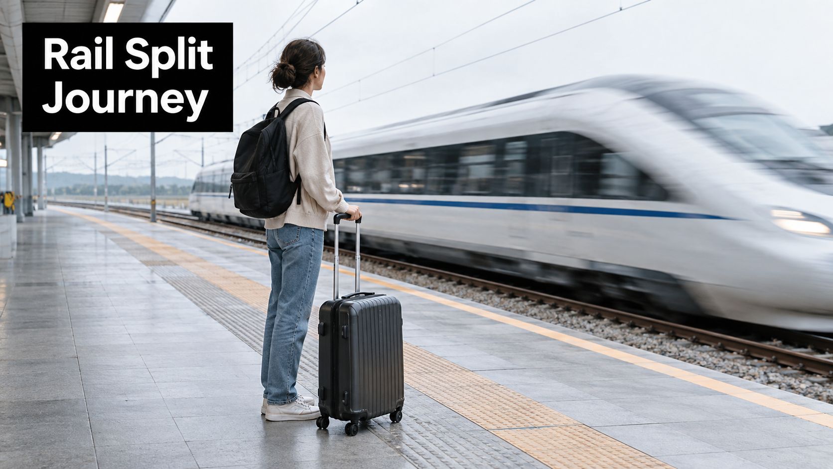 A woman stands on a train platform with her suitcase as a train passes by at speed.