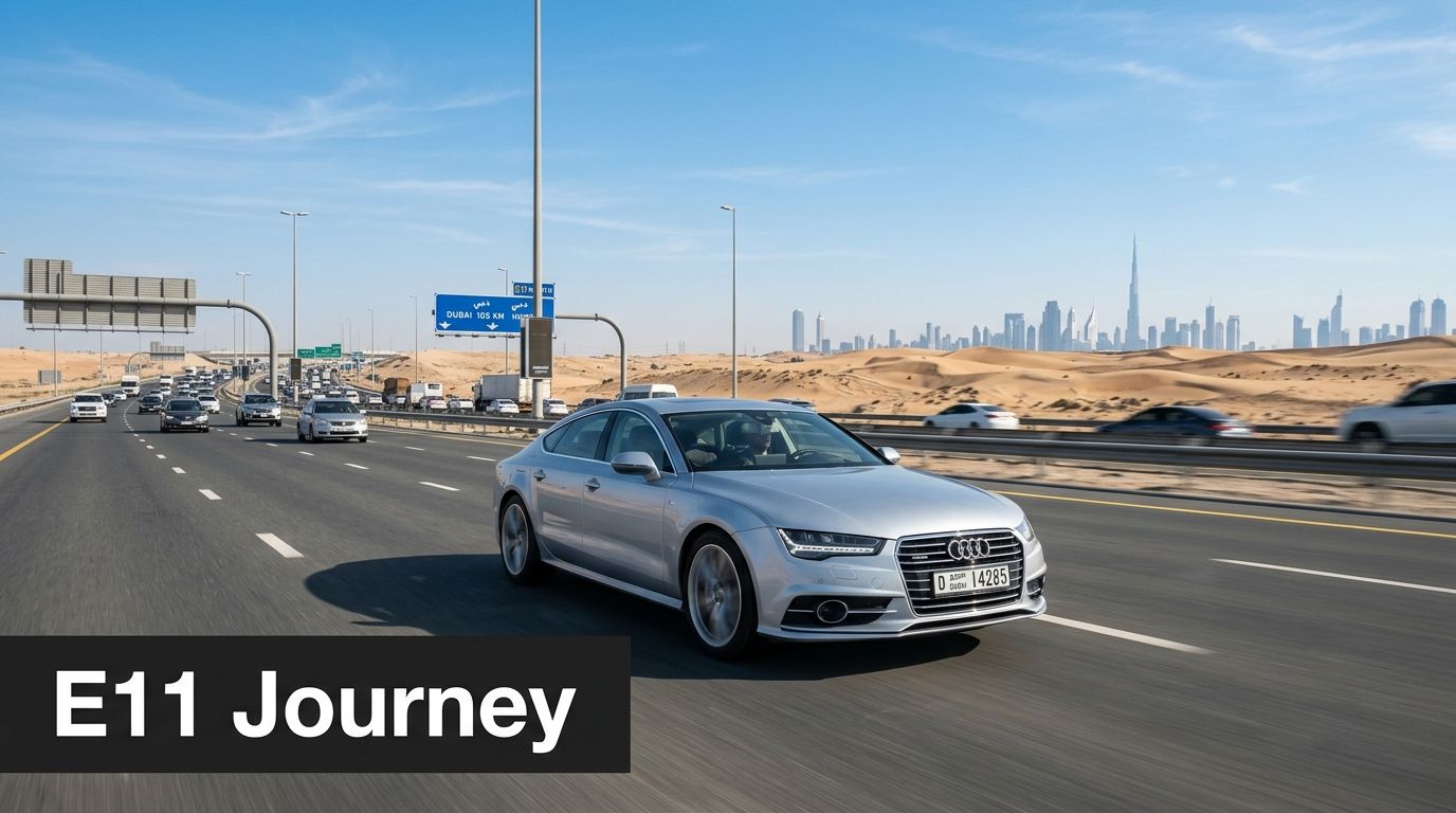 A silver Audi driving on a desert highway with the Dubai skyline in the distant background.