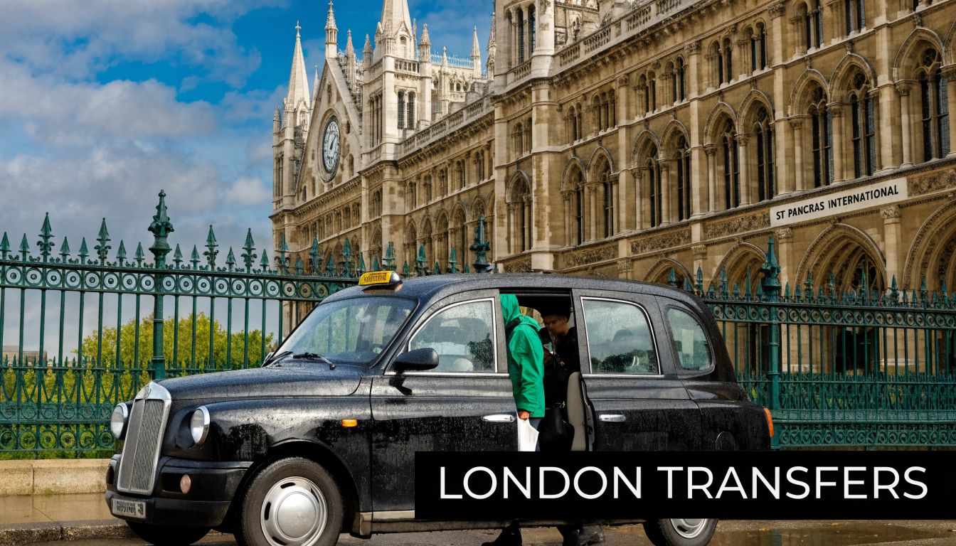 A black London taxi picking up passengers outside the iconic St Pancras International station in London.