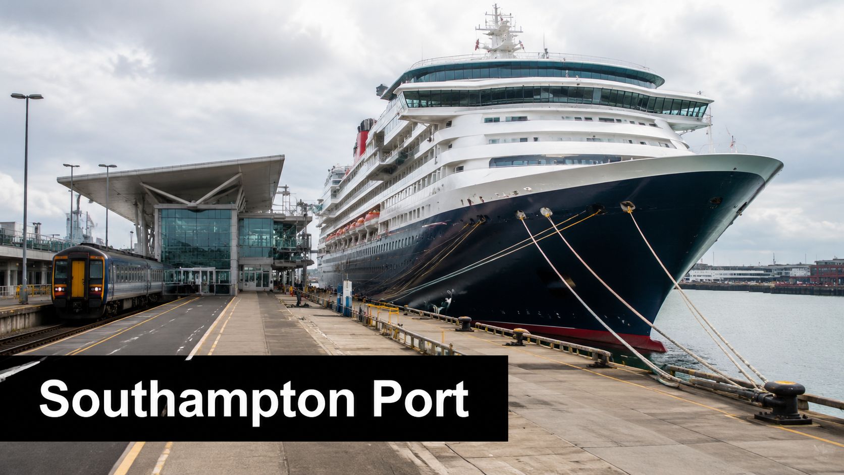A large cruise ship docked at Southampton Port next to a passenger train at the terminal platform.