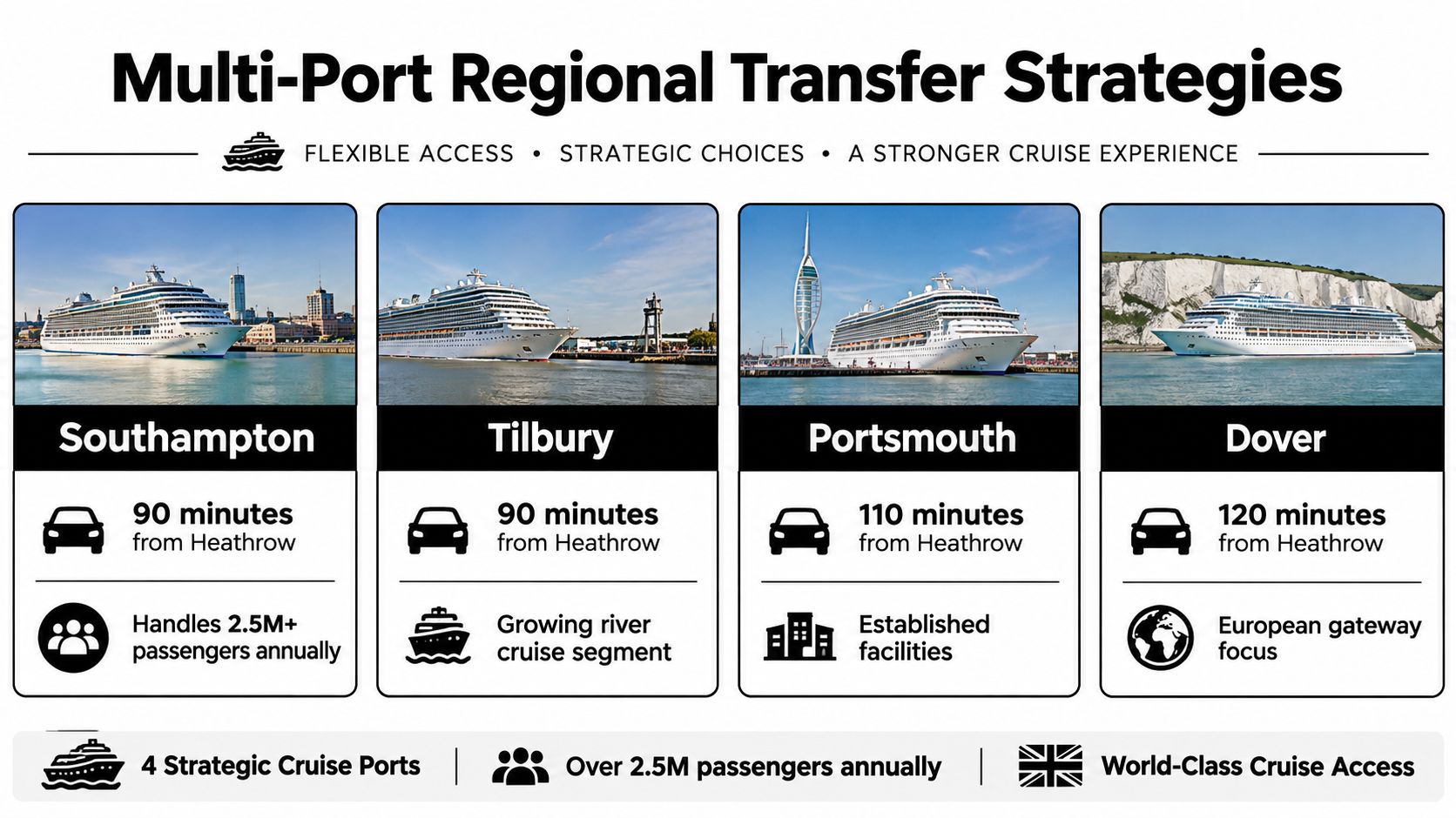 A graphic highlighting four UK cruise ports and their travel times from London Heathrow Airport for travellers.