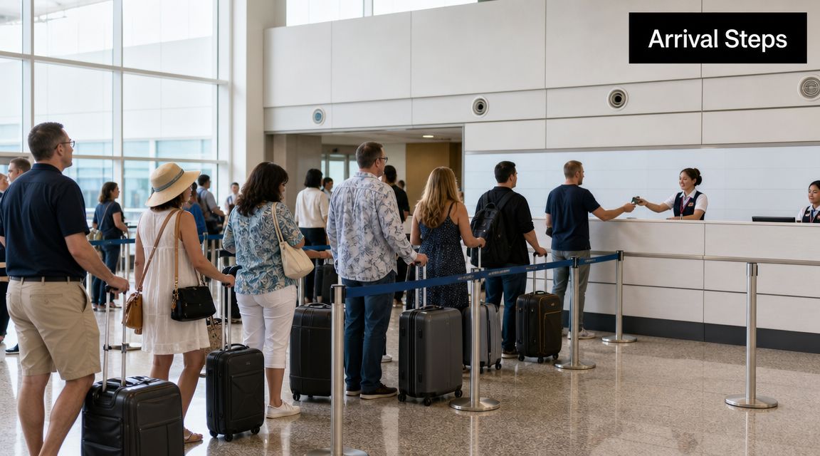 A queue of passengers waiting at the check-in counter inside the Queen Elizabeth Cruise Terminal in Southampton.