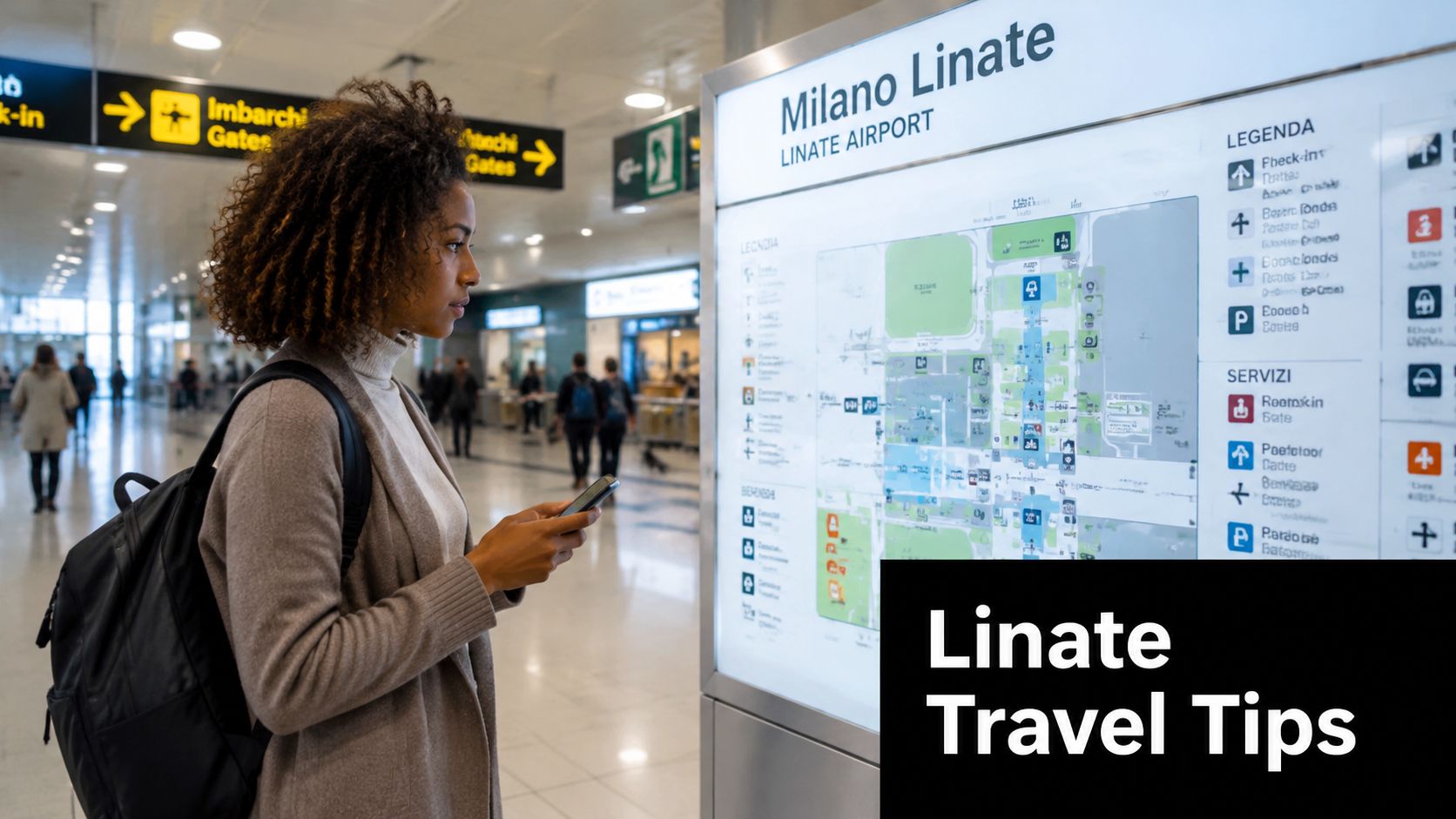 A woman checking her smartphone while looking at an airport map at Milano Linate Airport terminal.