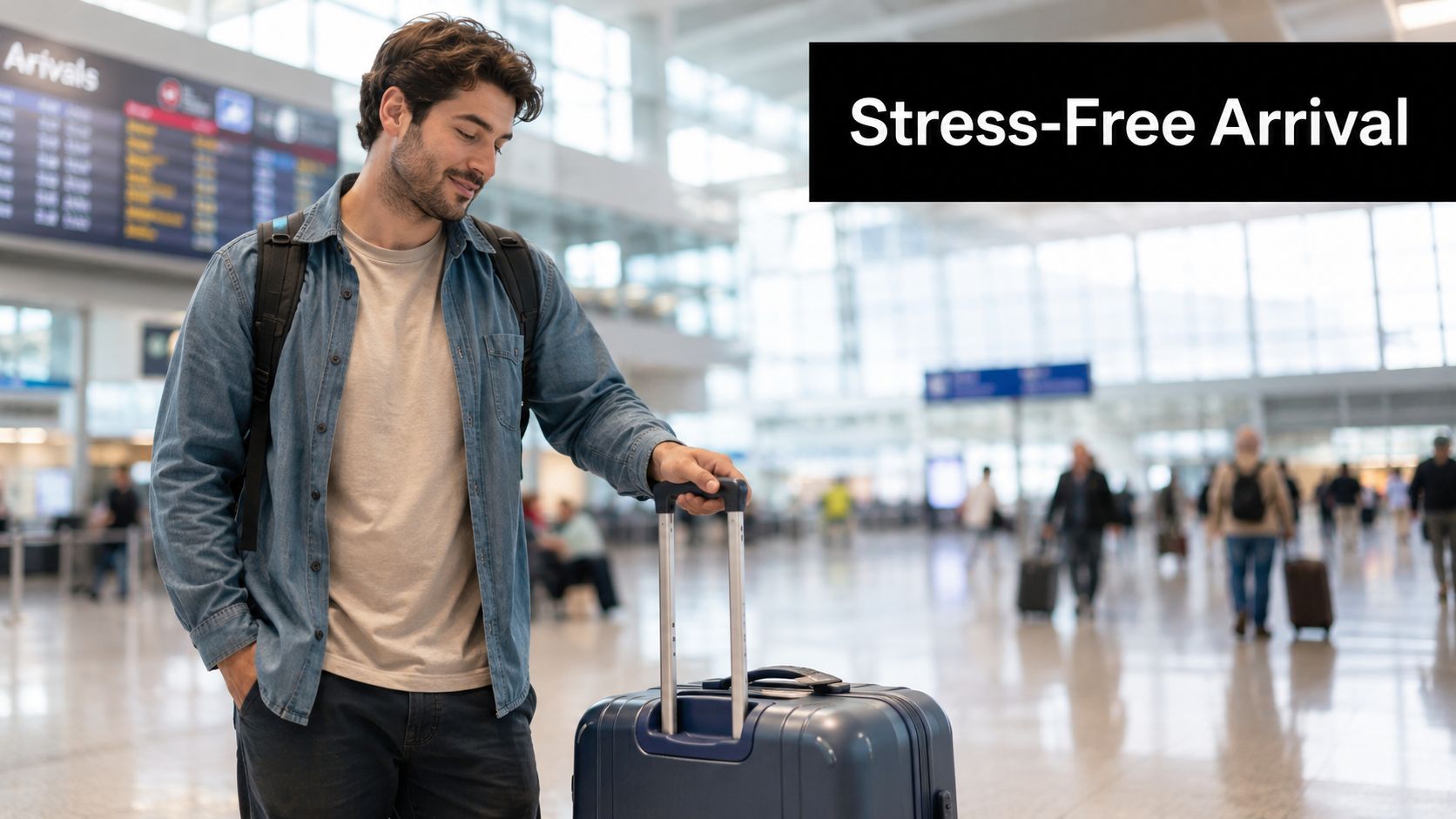 A smiling young man stands in an airport terminal with a suitcase, enjoying a stress-free arrival experience.