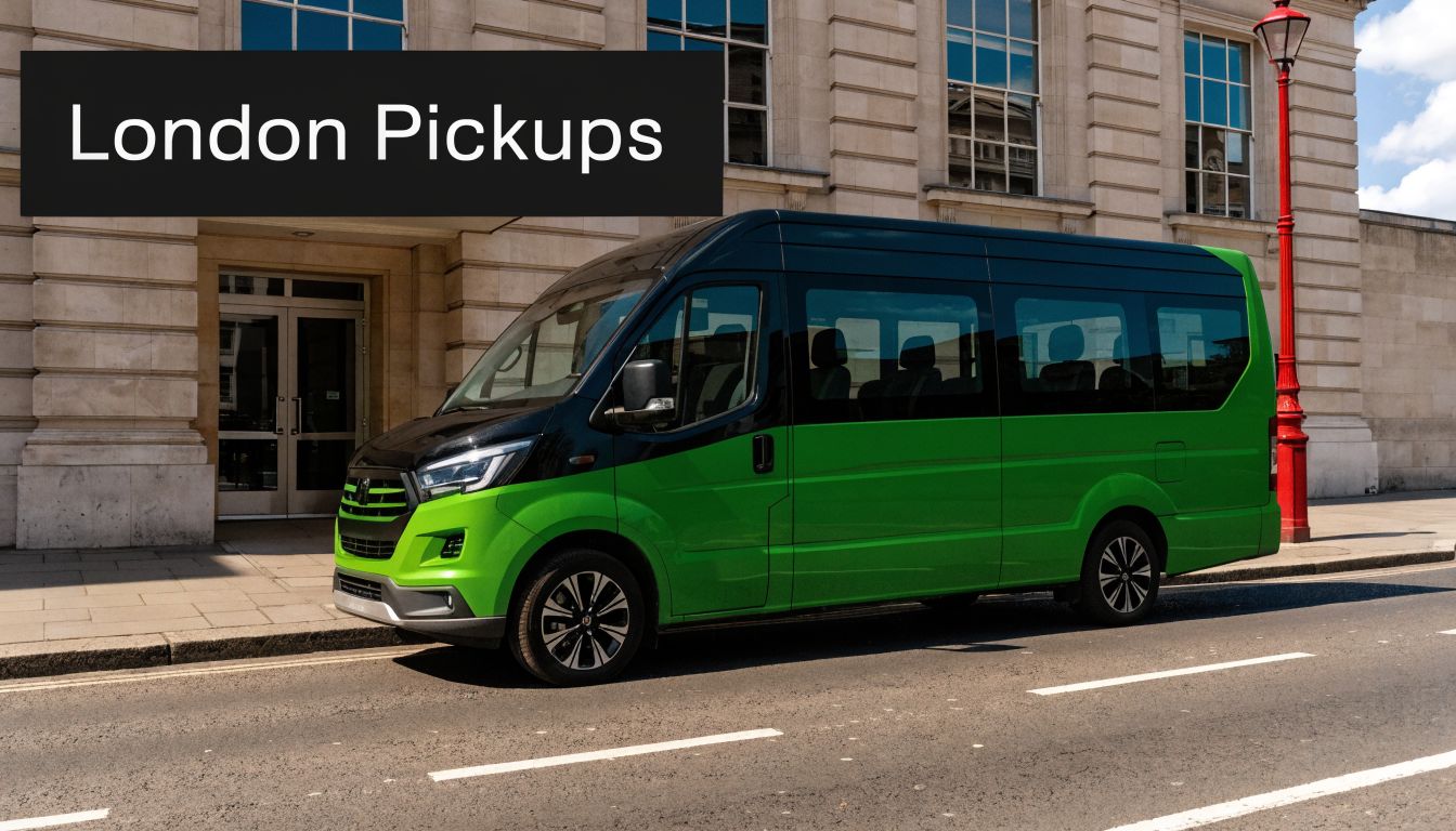 A green and black shuttle van parked in front of a historic building for London pickups.