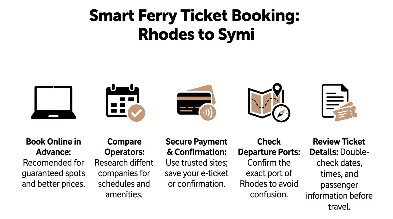 A travel guide infographic showing five smart tips for booking ferry tickets from Rhodes to Symi online.