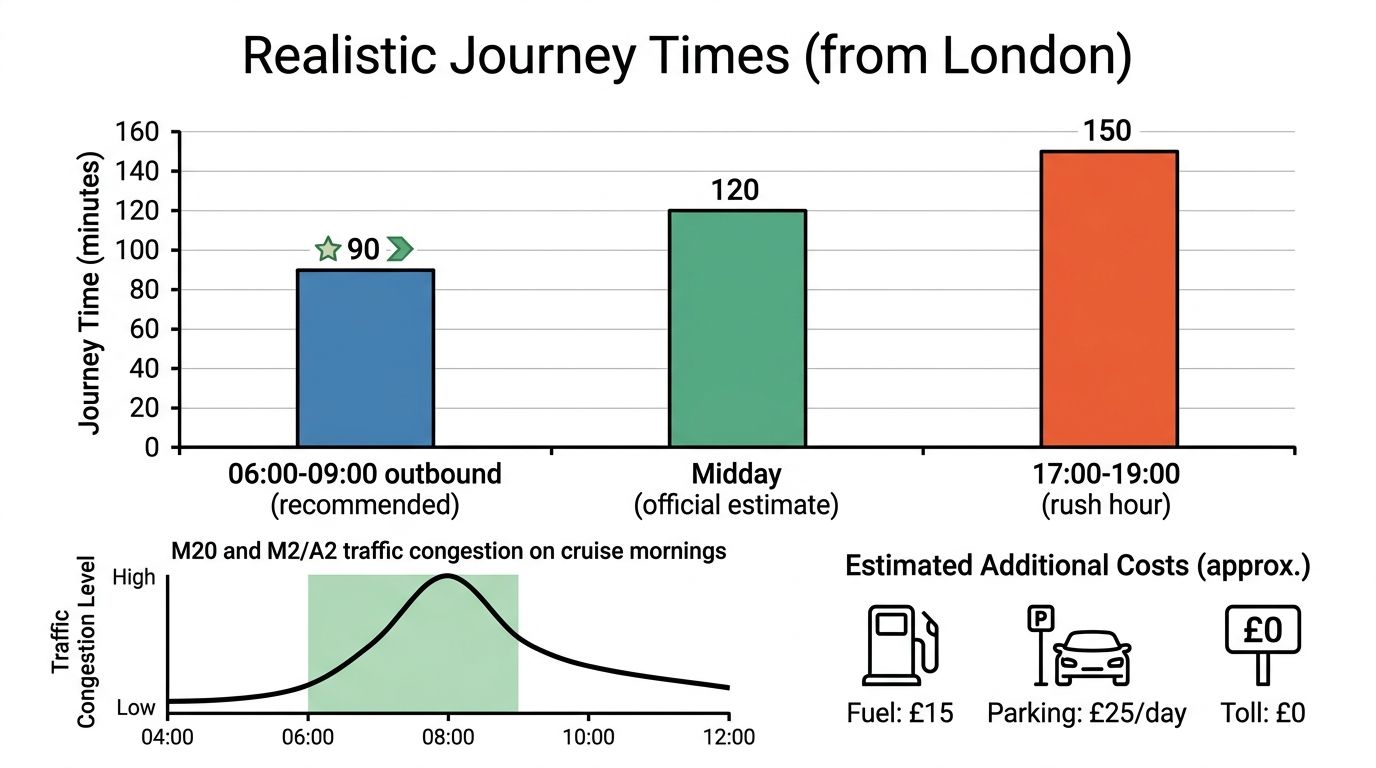 A bar chart showing varying travel times from London to Dover cruise terminal based on time of day.