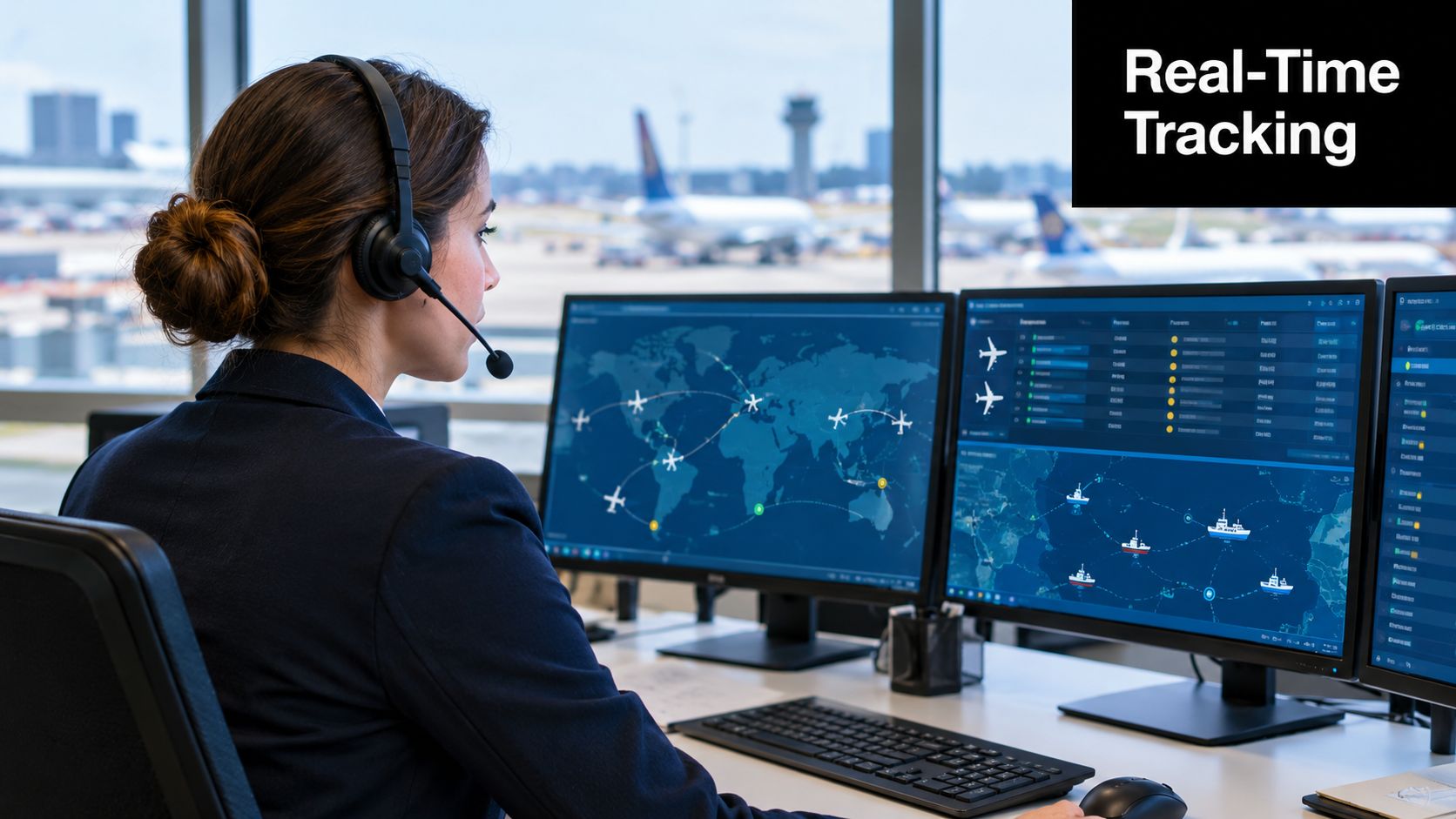 A professional operator wearing a headset monitors real-time flight and shipping traffic data on multiple computer screens.