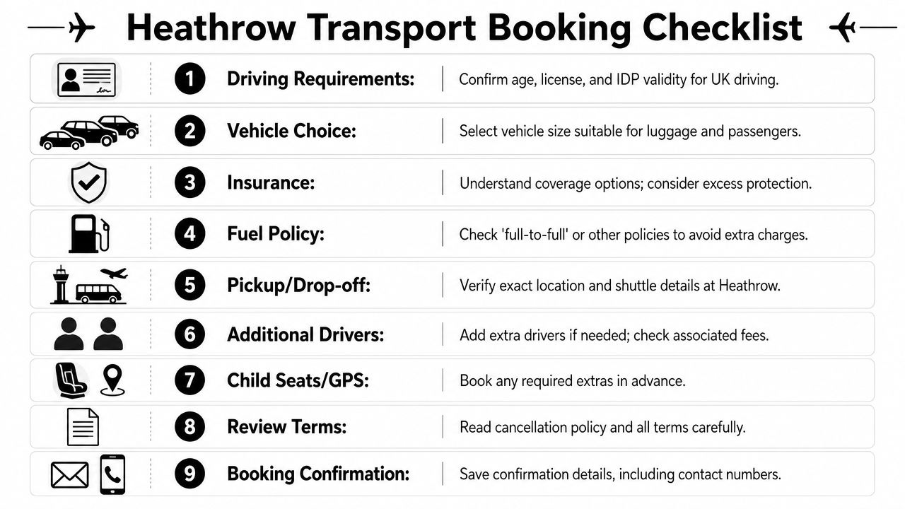 A checklist guide for booking airport car transport at London Heathrow, outlining nine essential preparation steps.