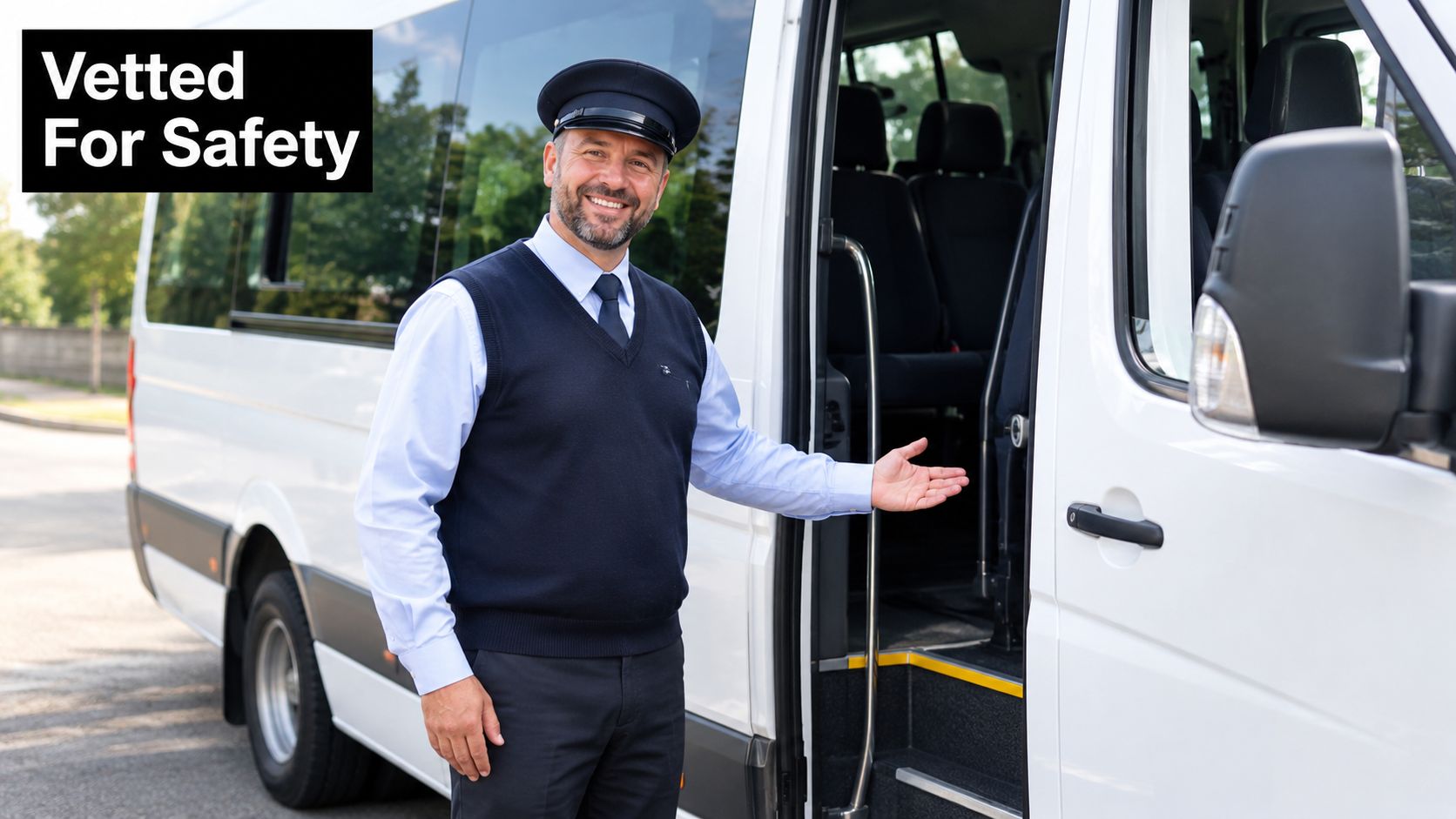A friendly professional driver in uniform welcomes passengers into a white shuttle bus for a service.