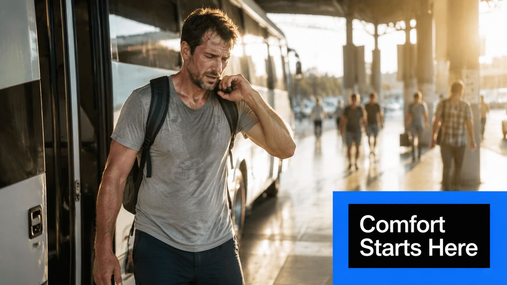 A sweaty, tired man stepping off a bus with a backpack, highlighting the need for air conditioning.