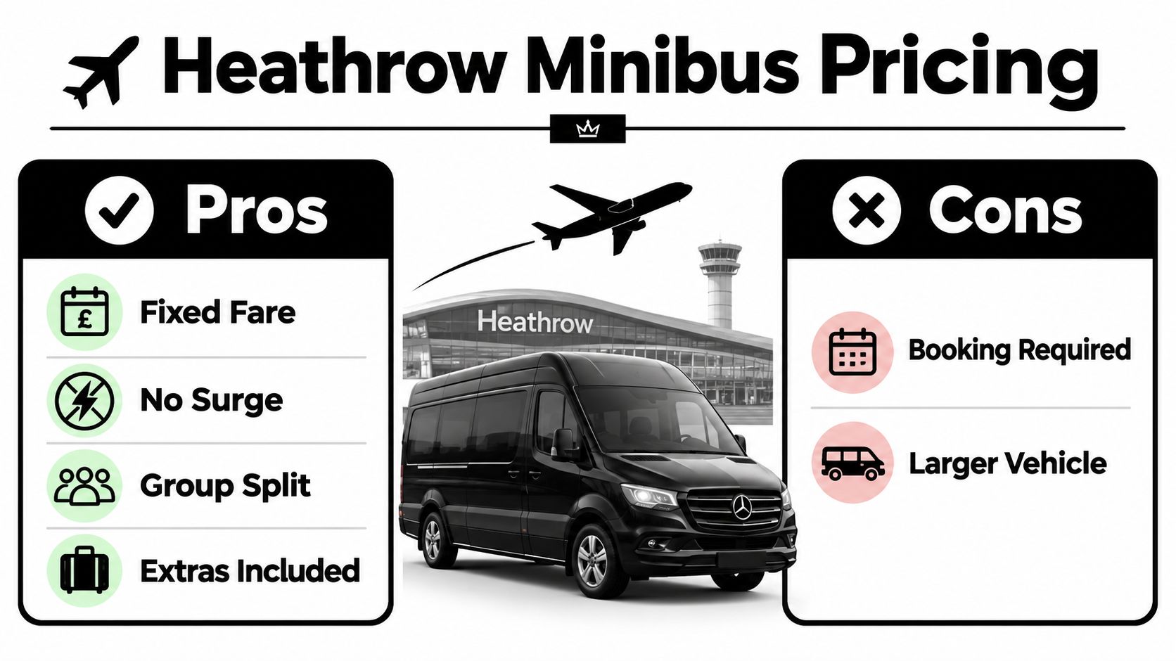 A graphic comparing the pros and cons of using a minibus service for Heathrow Airport travel.