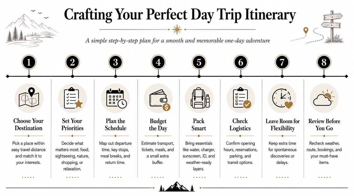 An infographic titled Crafting Your Perfect Day Trip Itinerary outlining eight sequential steps for planning a day trip.