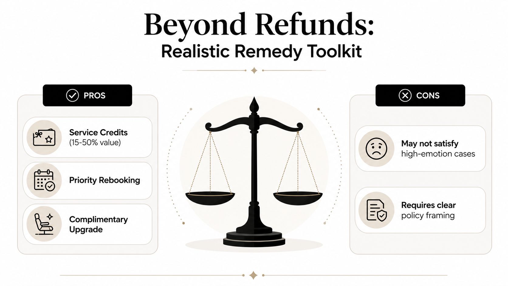An infographic comparing pros and cons of customer service remedies like credits, rebooking, and policy framing.