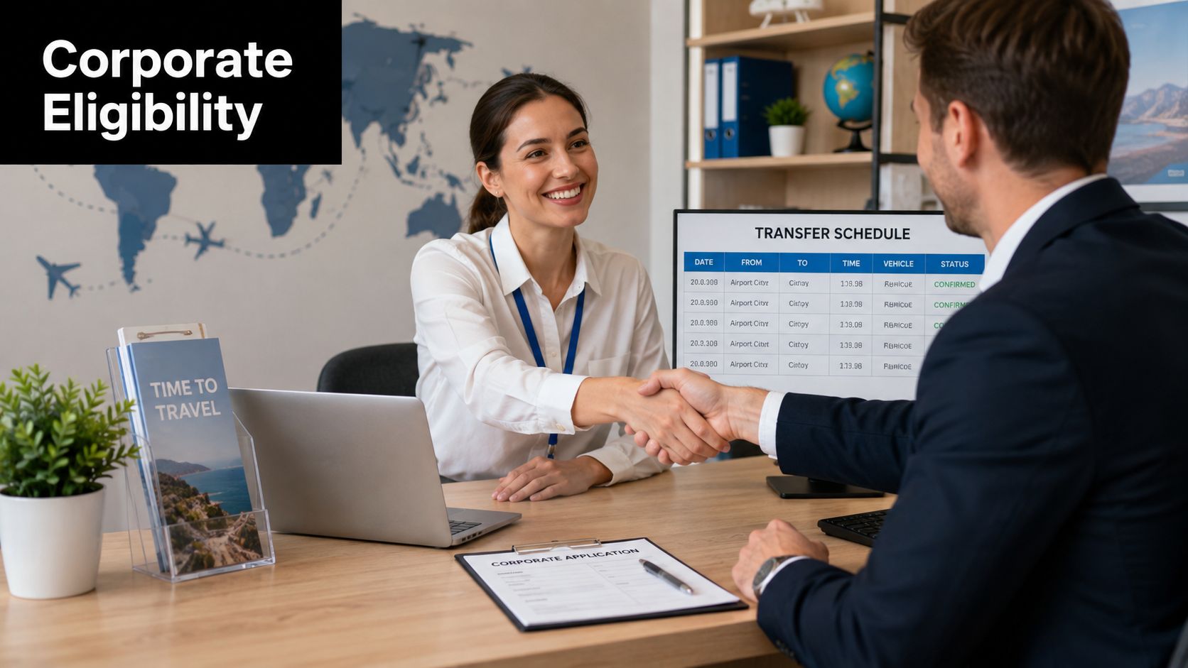 A professional woman in a shirt shaking hands with a business client at an office desk.