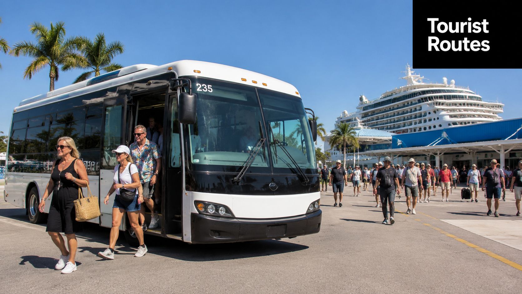 Tourists walking near a shuttle bus at a cruise ship terminal on a sunny day.