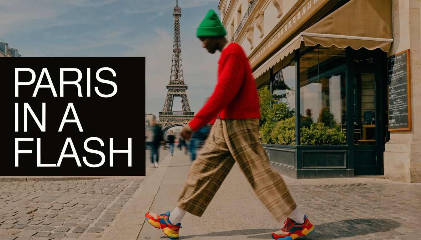 A fashionably dressed man in a red sweater and green beanie walks past a Parisian street with the Eiffel Tower.