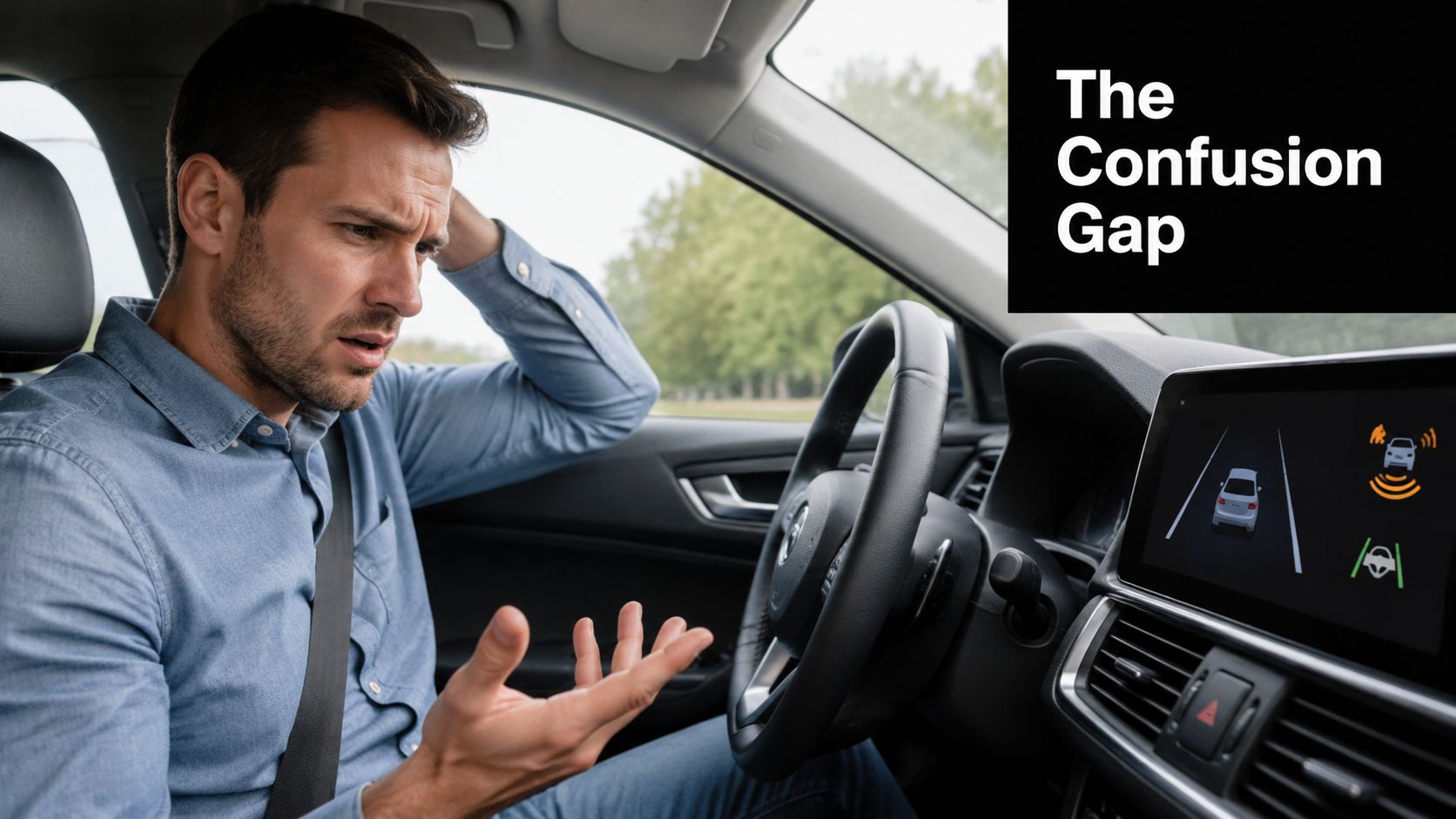 A confused driver looking at vehicle safety feature dashboard displays while driving, highlighting automotive technology interface issues.