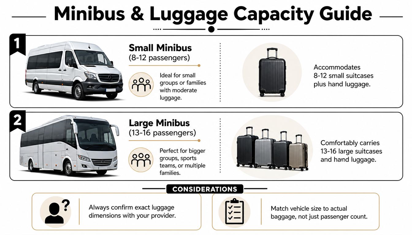 A guide comparing small and large minibus capacity for passengers and their corresponding luggage requirements.