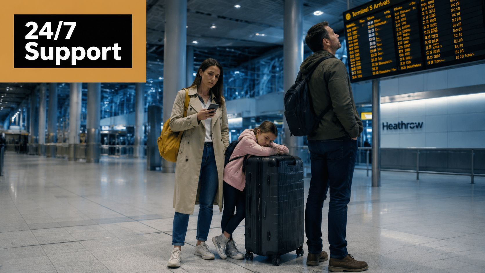 A family waiting at a busy airport terminal looking at flight arrival information screens for their connection.