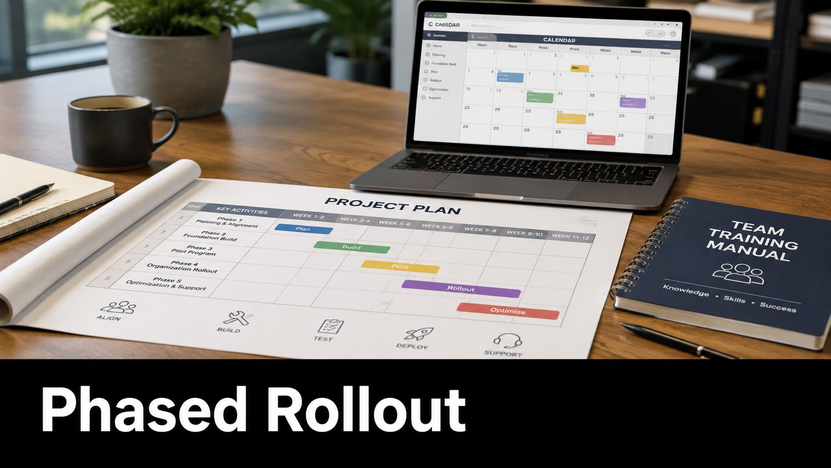 A professional workspace featuring a project plan document, a laptop displaying a calendar, and a training manual.