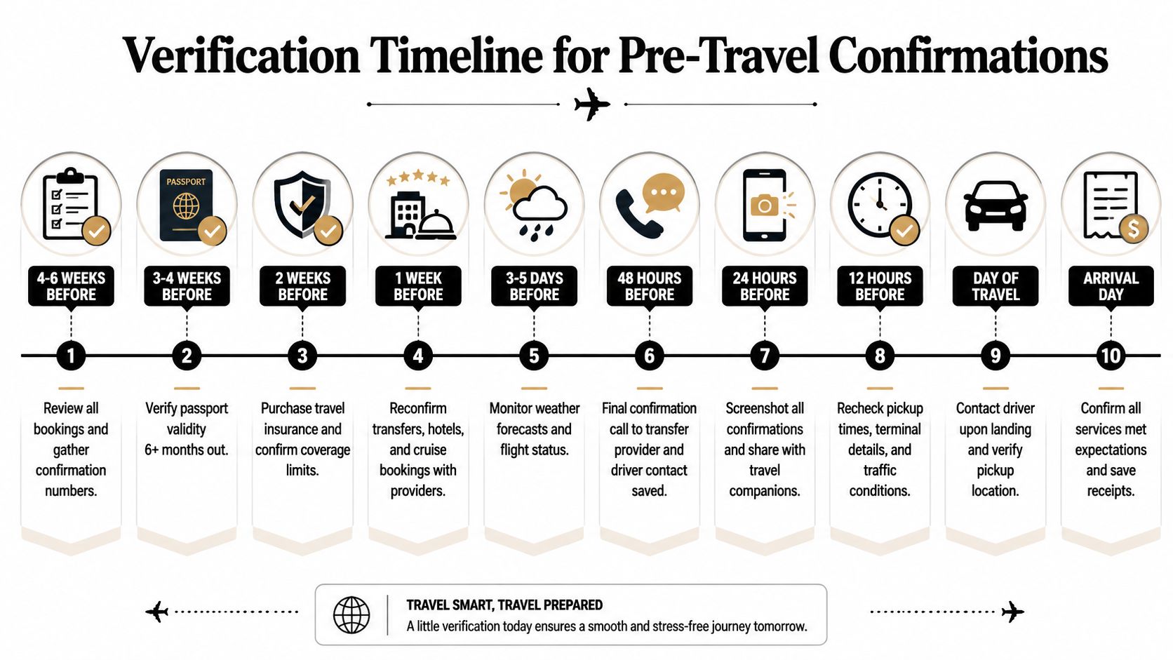 A ten-step infographic showing a travel preparation timeline, from six weeks before until the arrival day.