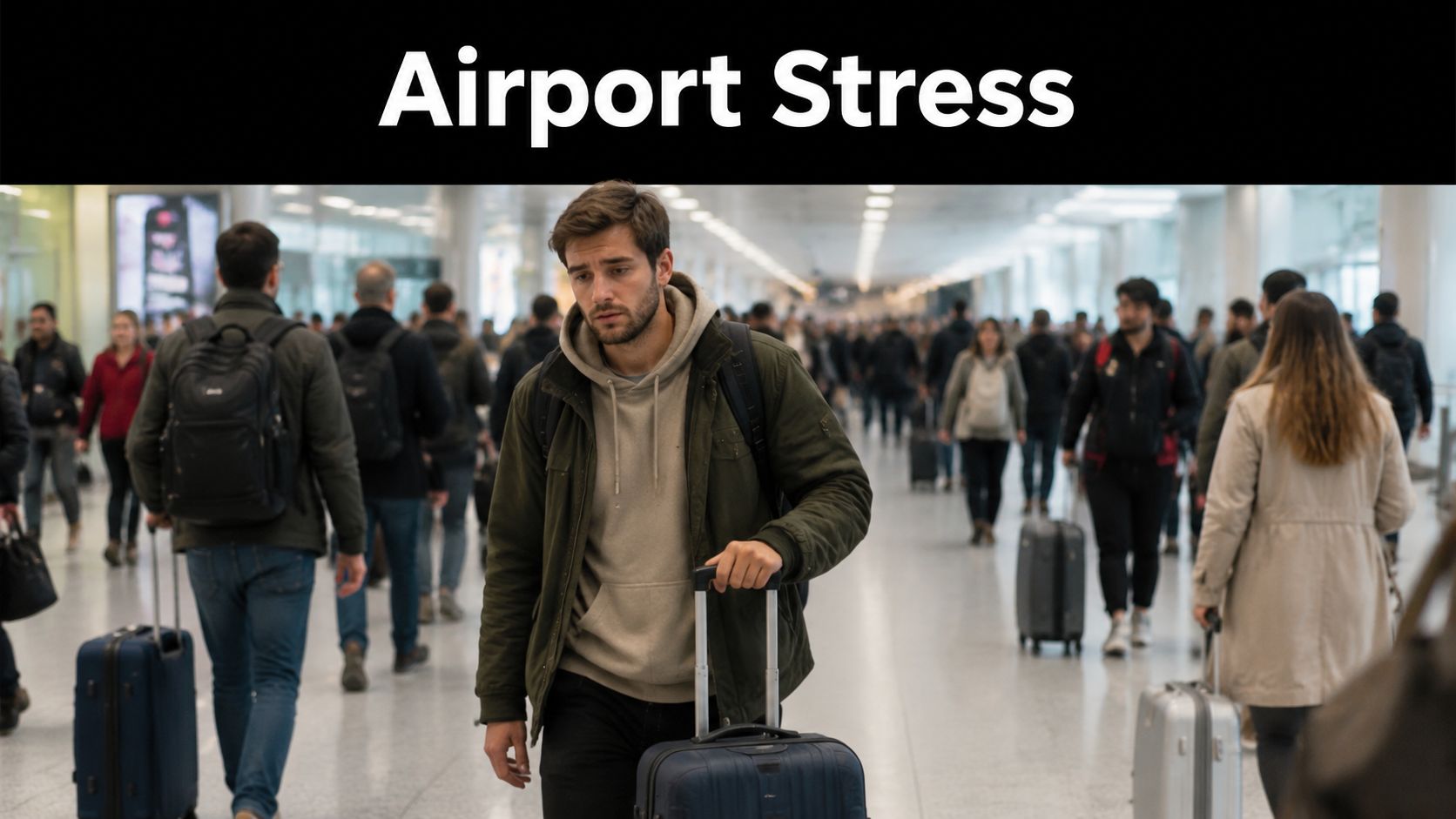 A stressed traveler walks through a crowded airport terminal while pulling a rolling suitcase behind him.