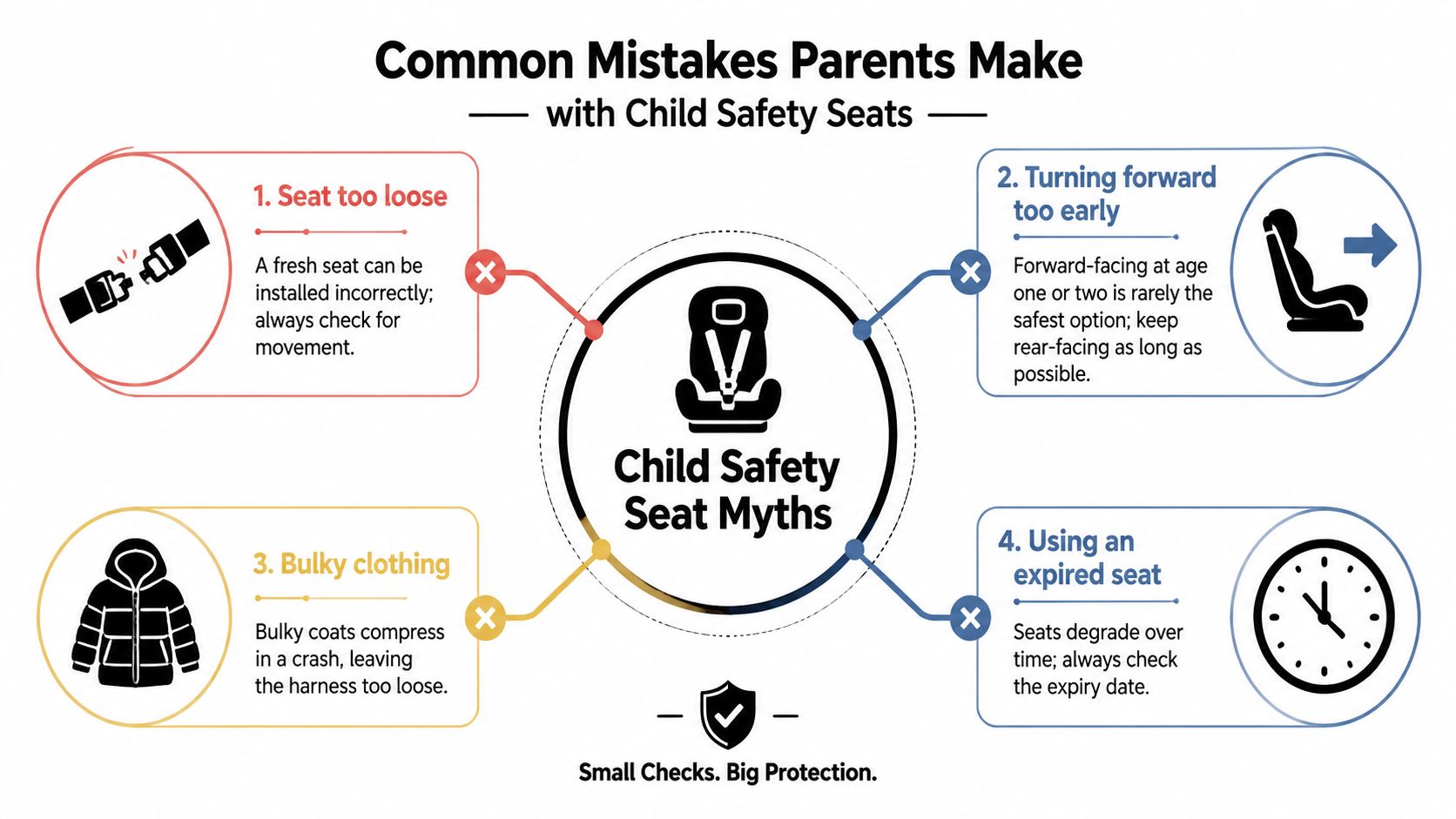 An infographic titled Common Mistakes Parents Make with Child Safety Seats, highlighting four common car seat errors.