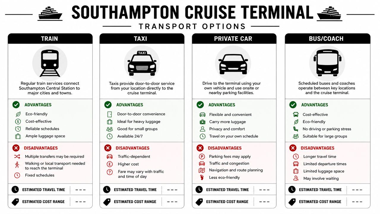 A comparison chart showing transport options to Southampton Cruise Terminal including train, taxi, private car, and bus.