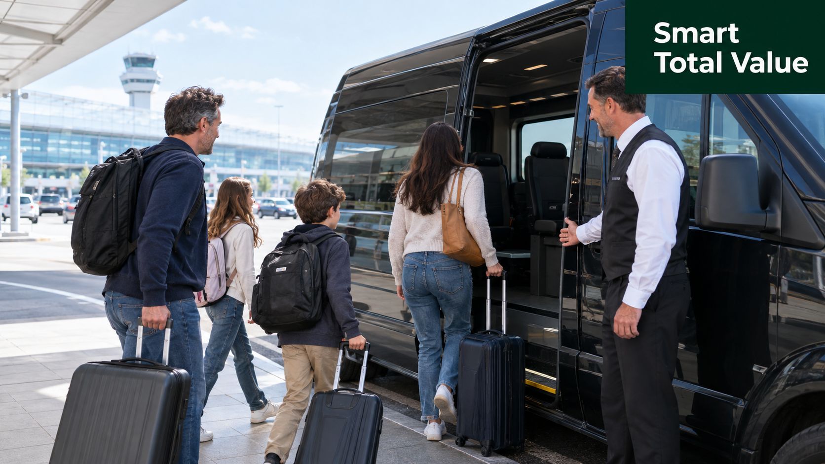 A professional chauffeur assists a family with their luggage as they board a private airport shuttle van.
